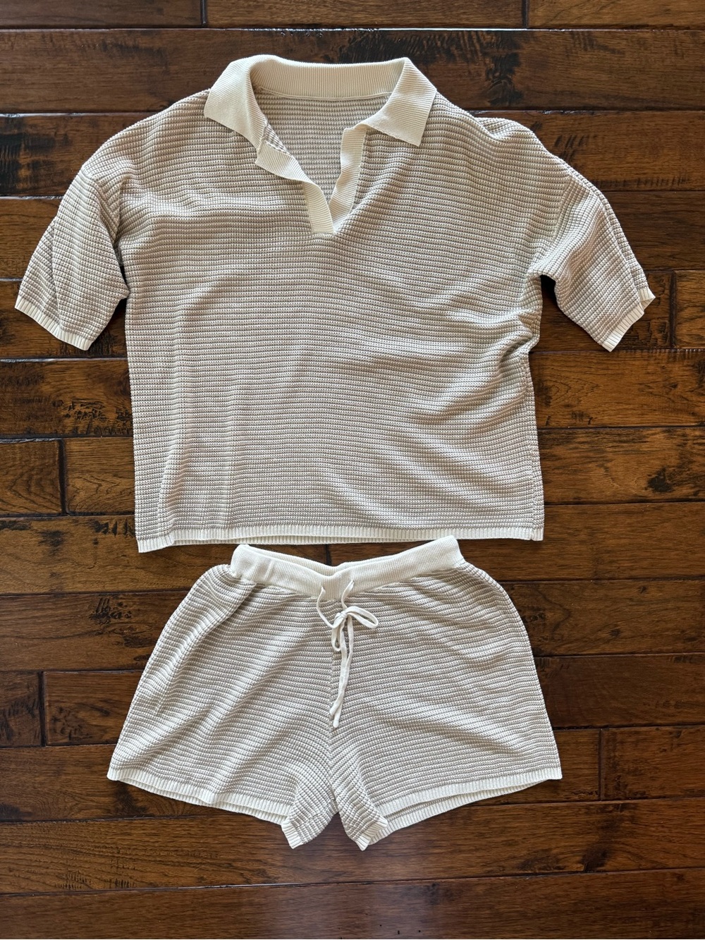 Cream/Tan Knit Polo Top and Drawstring Shorts Set